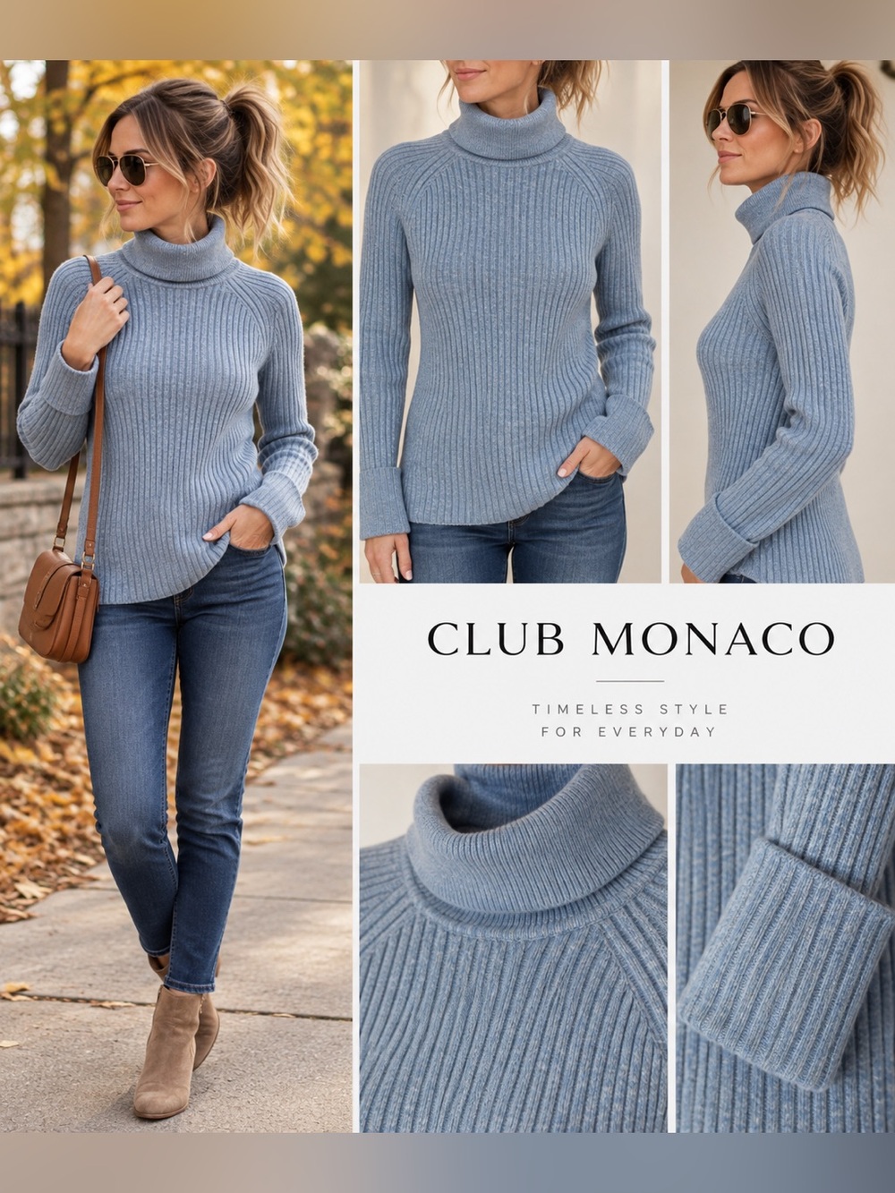 Club Monaco Blue Ribbed Wool Blend Turtleneck Sweater M